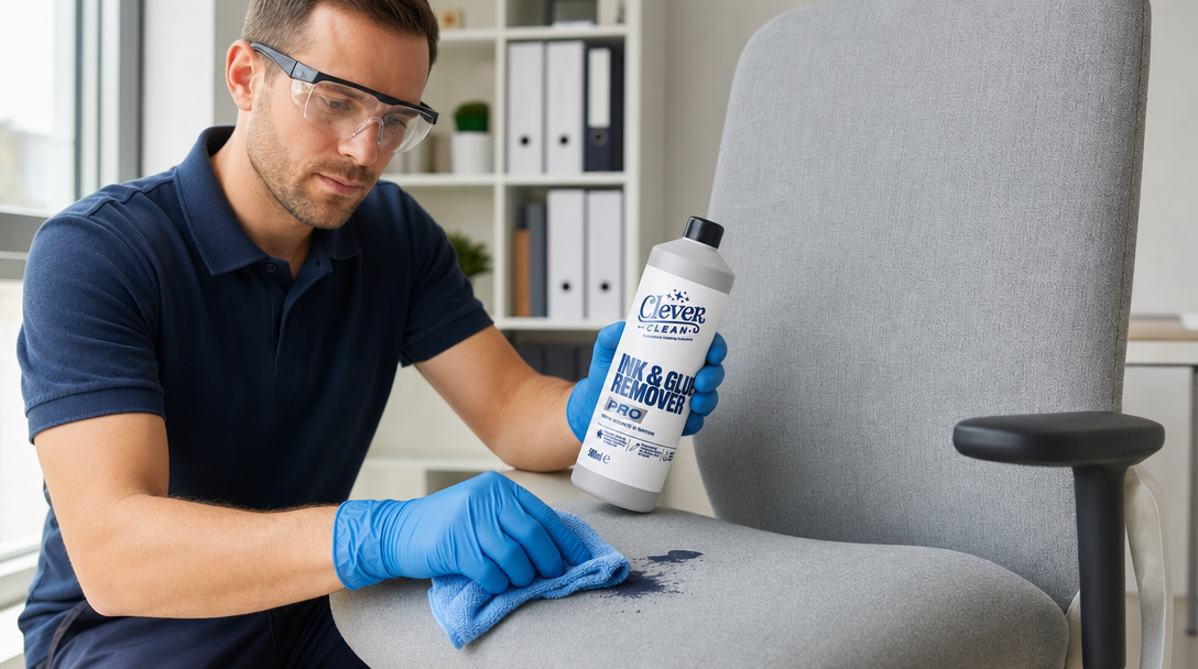 Tehnician de curățenie profesională aplicând Ink & Glue Remover PRO pe o pată de marker cu mănuși de protecție