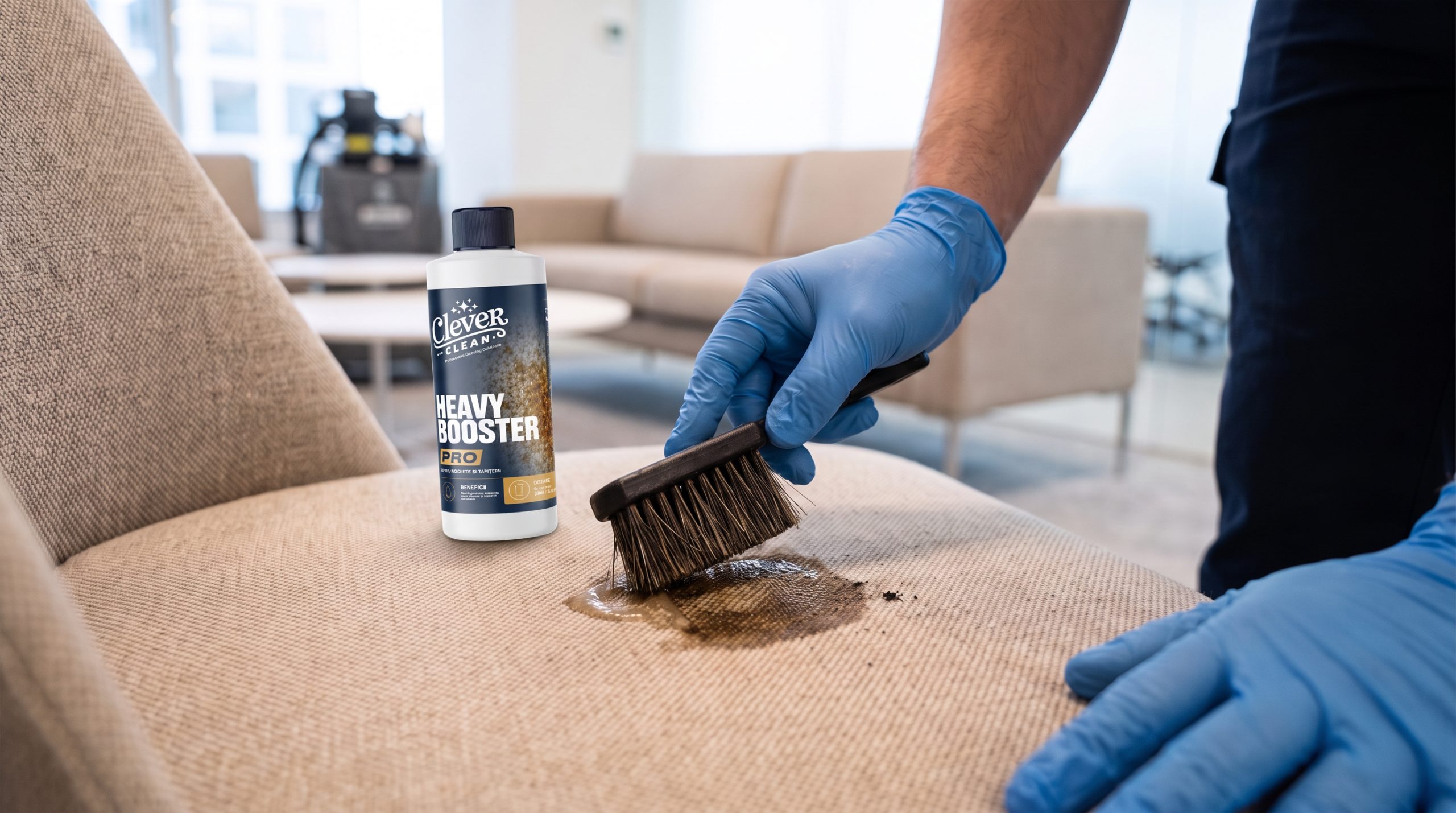 Aplicarea Heavy Booster PRO nediluat, cu peria, pe o pată de grăsime de pe tapițerie, cu eticheta produsului vizibilă