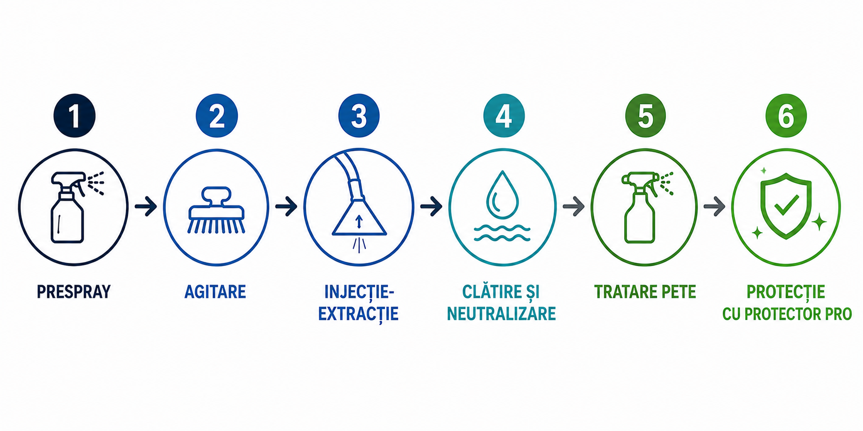 Diagrama sistemului complet de curățare profesională: prespray, agitare, injecție-extracție, clătire și neutralizare, tratare pete, protejare, cu Protector PRO pozitionat în etapa de protectie