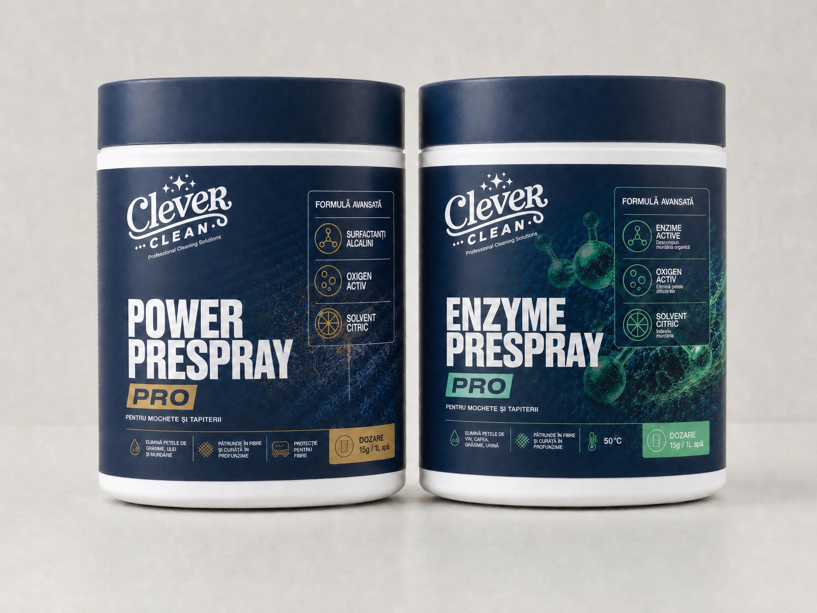 Produsele Power Prespray PRO și Enzyme Prespray PRO cu etichetele vizibile, poziționate una lângă cealaltă pentru comparație