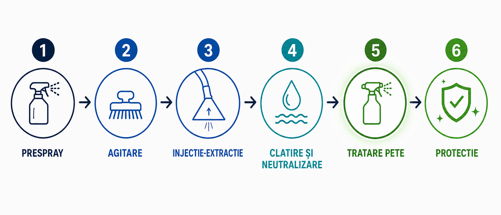 Diagrama celor șase pași ai sistemului complet de curățare, cu pasul tratare specifică a petelor evidențiat pentru OxySpot PRO