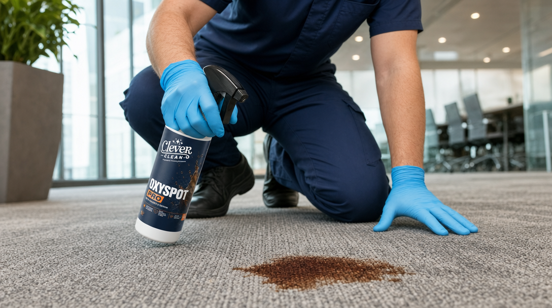 Mochetă comercială cu pată dificilă înainte de tratament cu OxySpot PRO