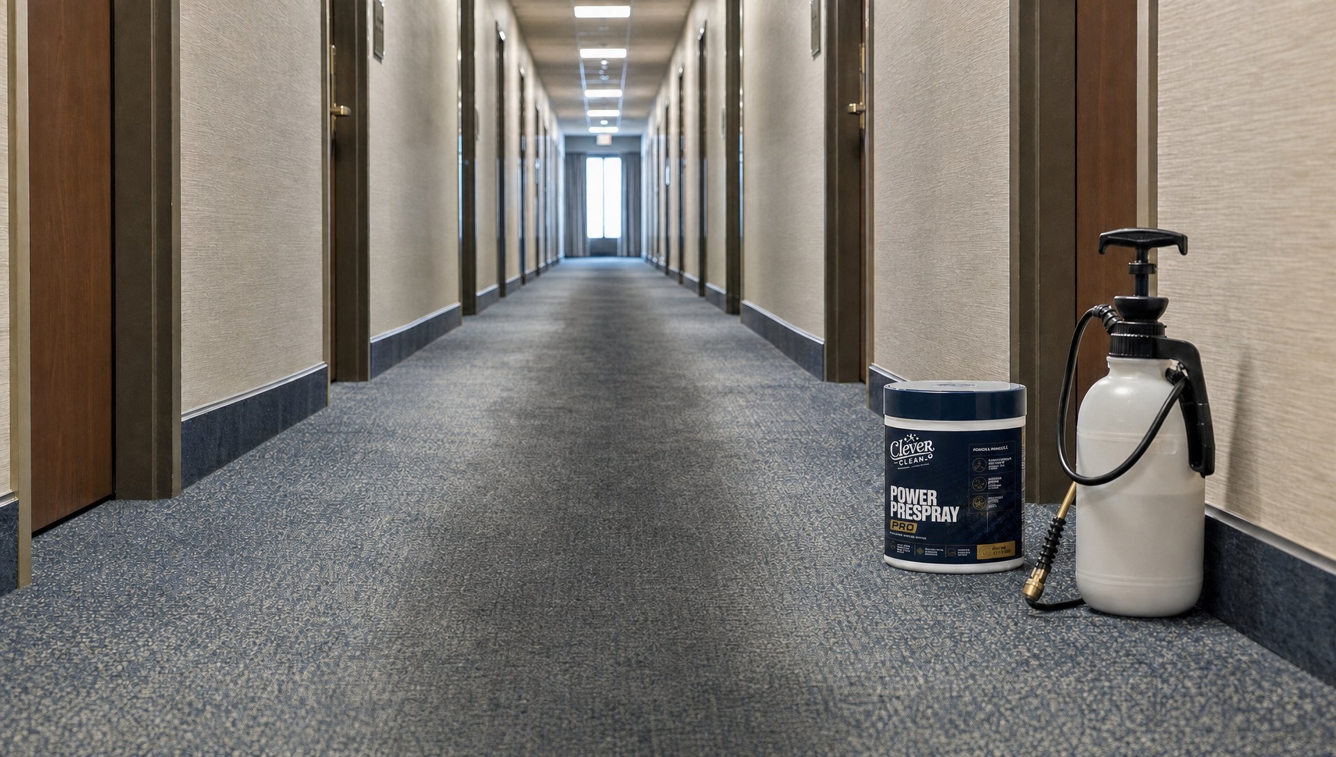 Culoar de hotel cu mochetă gri, cu urme închise de trafic intens, pregătit pentru aplicarea Power Prespray PRO