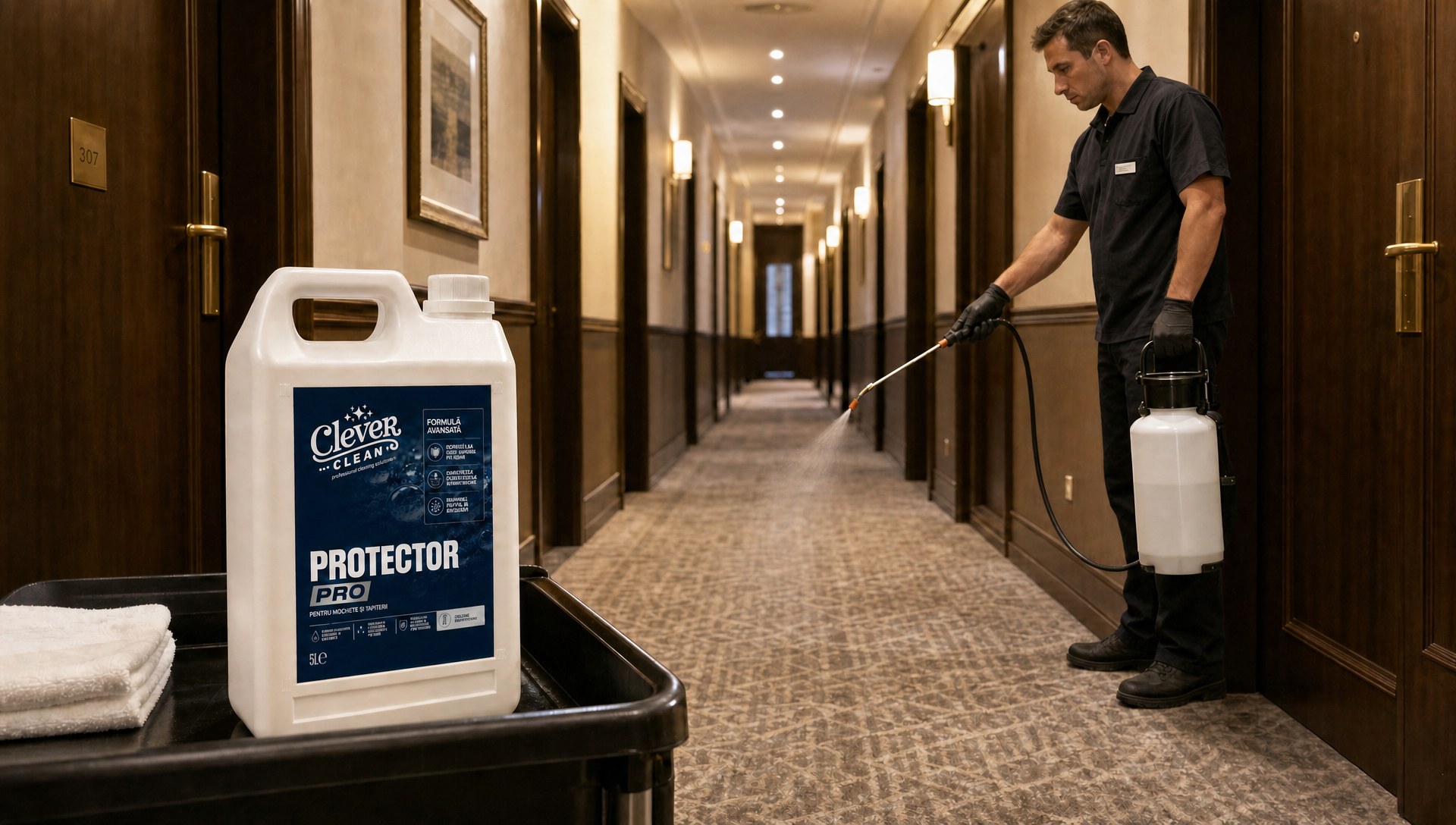 Tehnician aplicând Protector PRO prin pulverizare pe mocheta proaspăt curățată a unui culoar de hotel