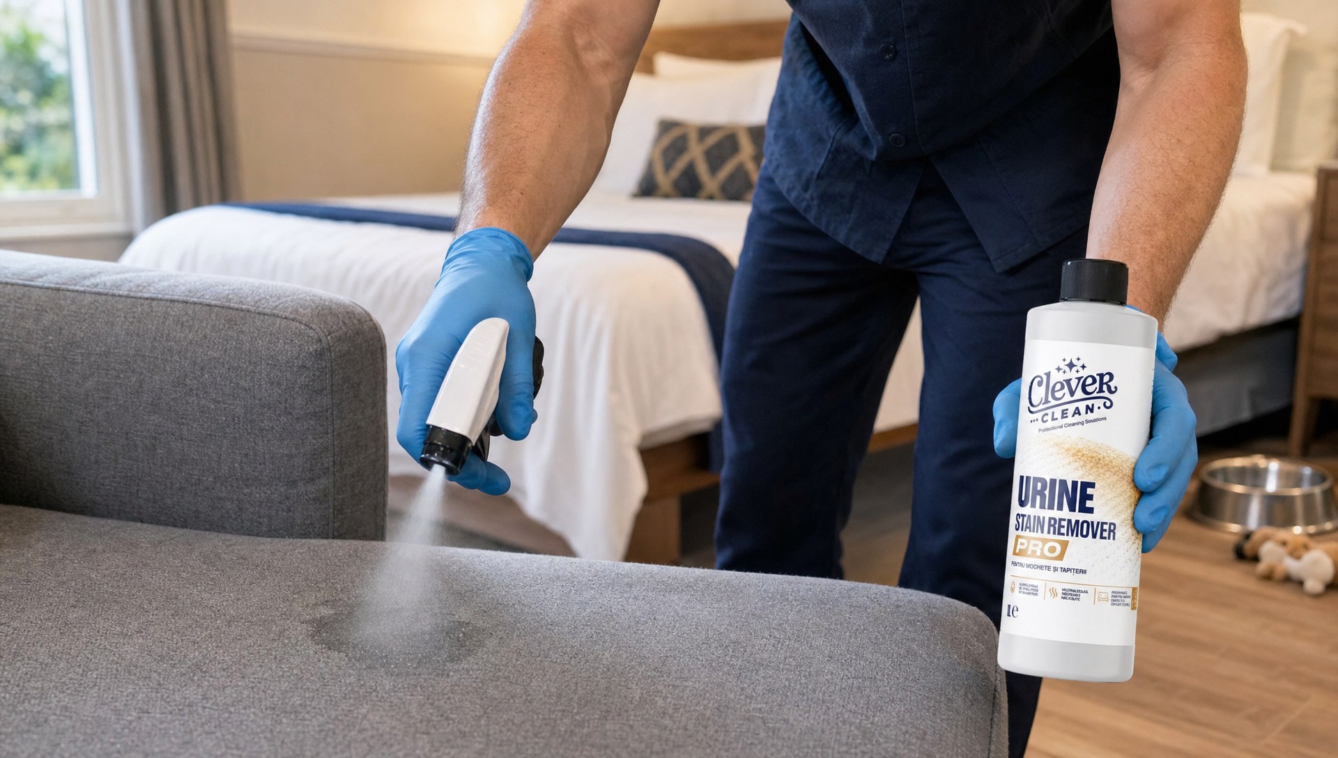 Tehnician cu mănuși de protecție pulverizând Urine Stain Remover PRO pe perna unei canapele textile dintr-o pensiune pet-friendly