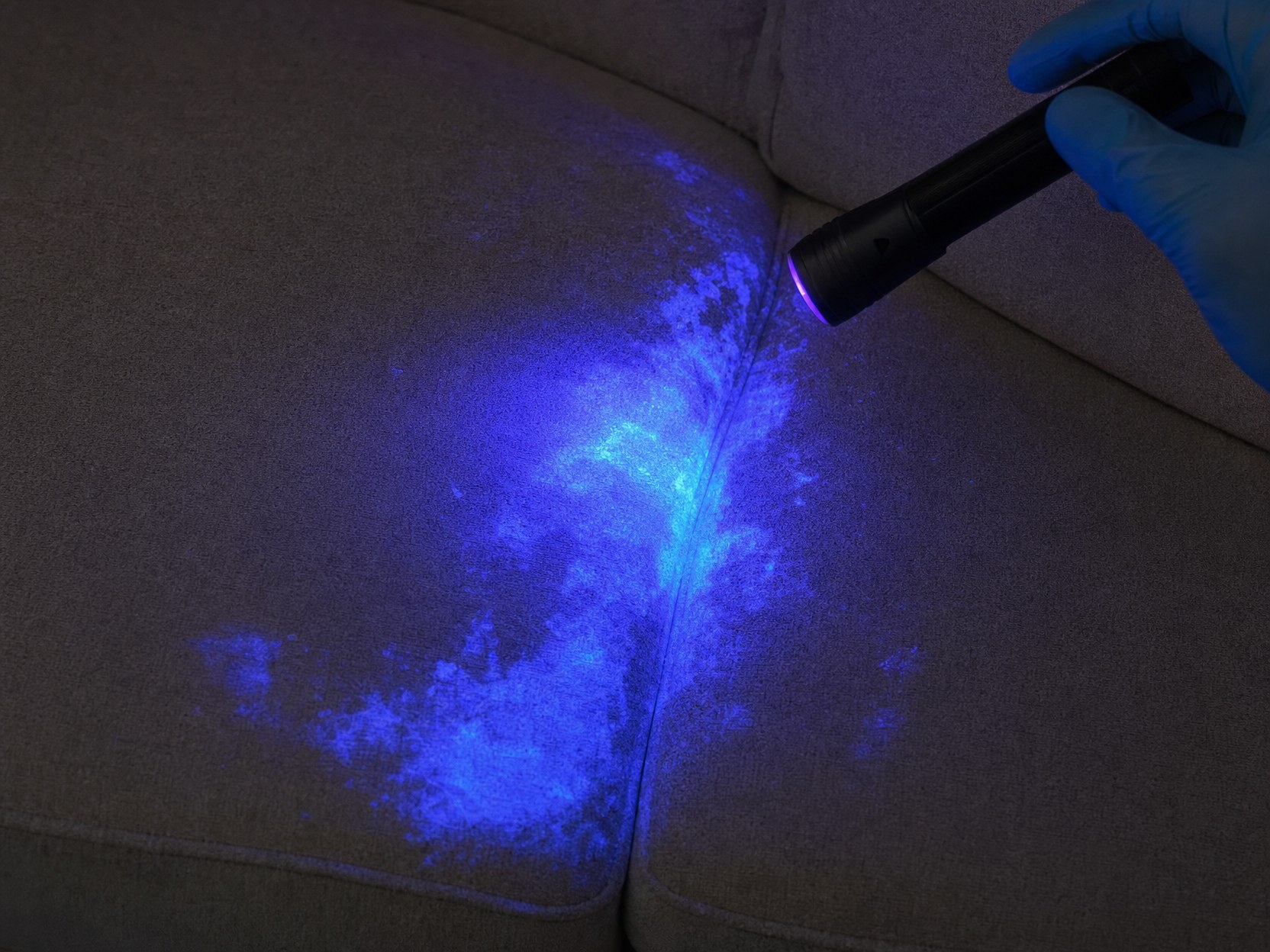 Tehnician verificând cu lampa UV perna unei canapele textile pentru a delimita zona contaminată cu urină de animale