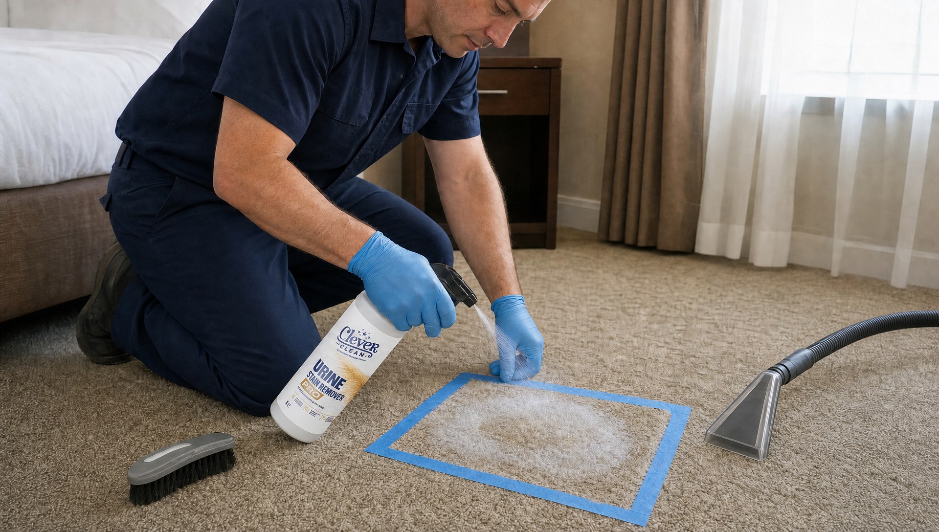Tehnician cu mănuși de protecție care tratează o pată de urină pe mocheta unei camere de hotel cu Urine Stain Remover PRO
