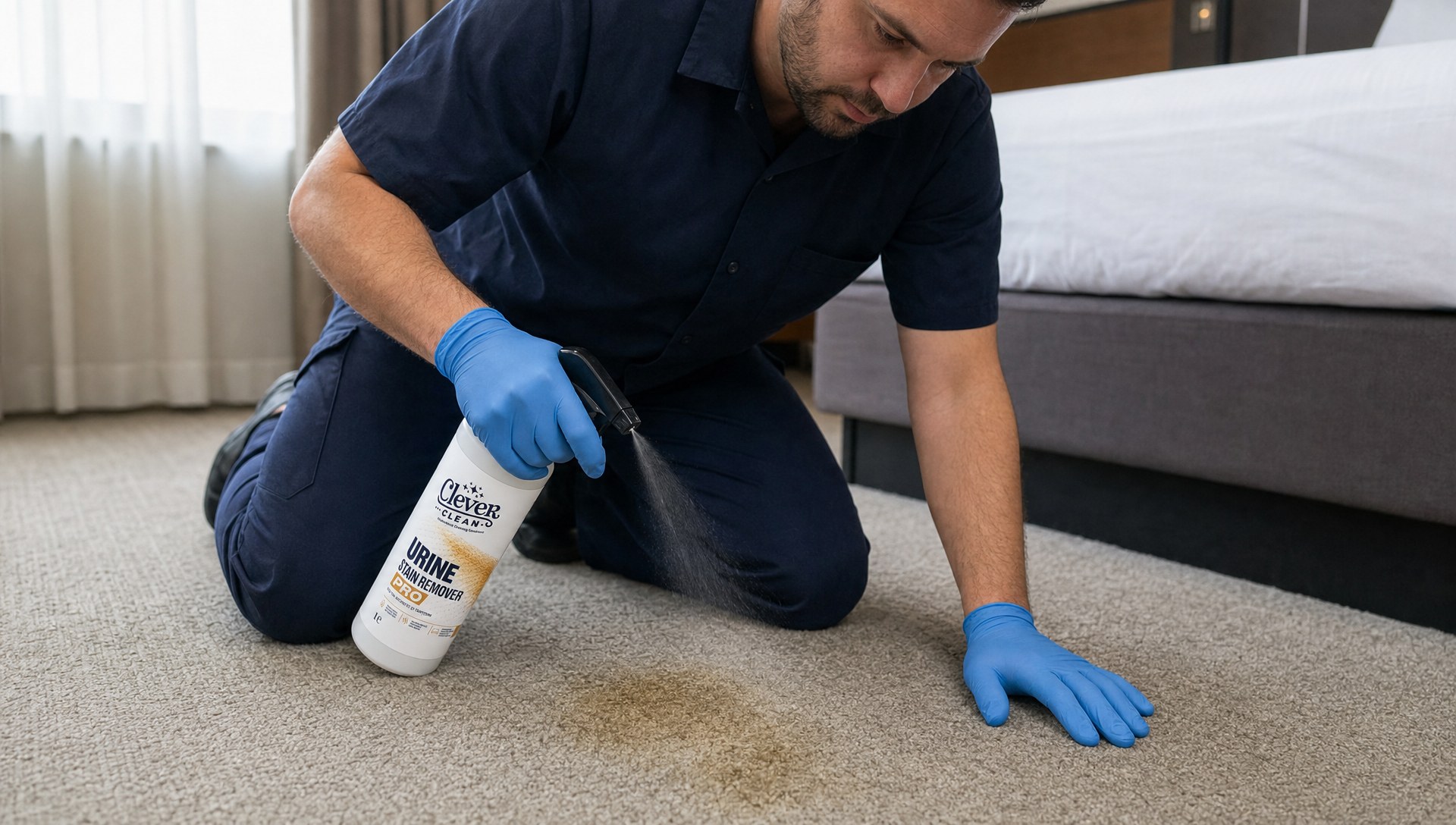 Tehnician cu mănuși de protecție pulverizând Urine Stain Remover PRO pe o pată veche de urină de pe mocheta unei camere de hotel