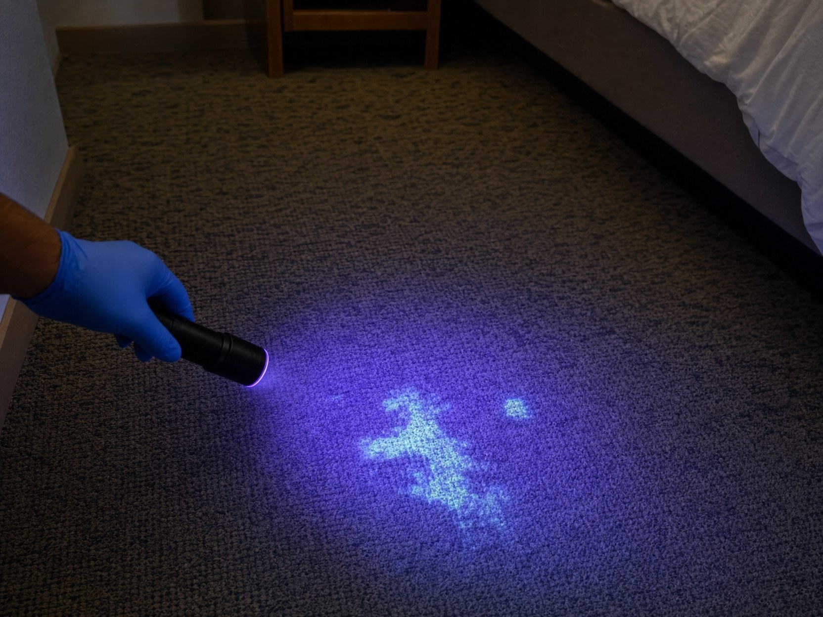 Delimitarea cu lampa UV a zonei contaminate cu urină pe o mochetă de hotel, mai largă decât pata vizibilă