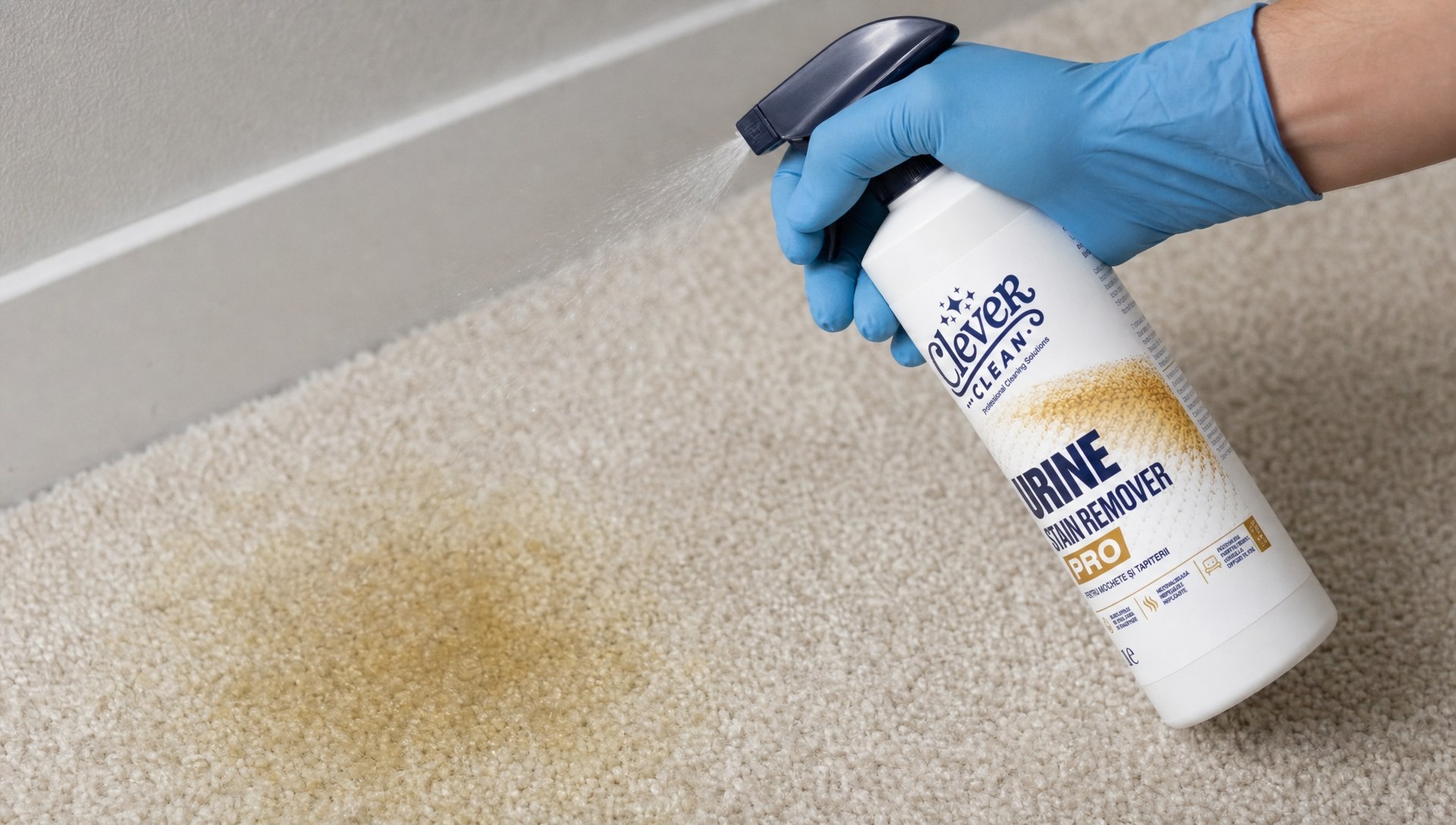 Aplicarea Urine Stain Remover PRO prin pulverizare pe o pată de urină vizibilă pe mochetă, cu eticheta produsului vizibilă